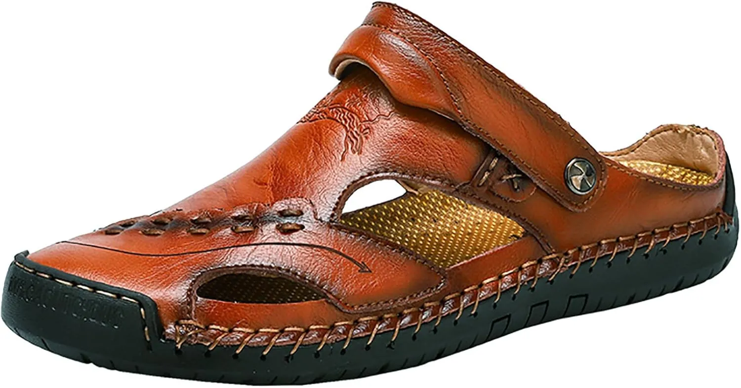 Mens Leather Sandals Hollow Closed Toe Summer Outdoor Casual Beach Shoes