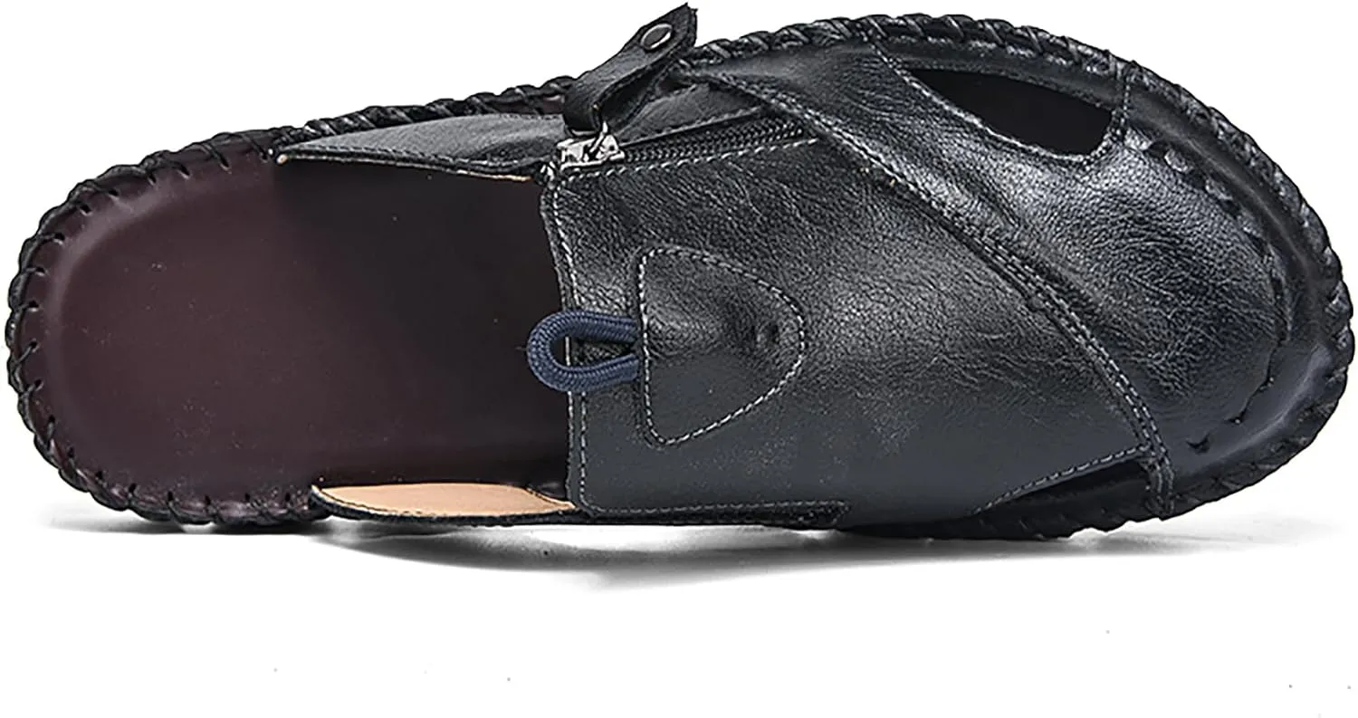 Mens Leather Sandals Hollow Closed Toe Summer Outdoor Casual Beach Shoes