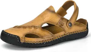 Mens Leather Sandals Hollow Closed Toe Summer Outdoor Casual Beach Shoes