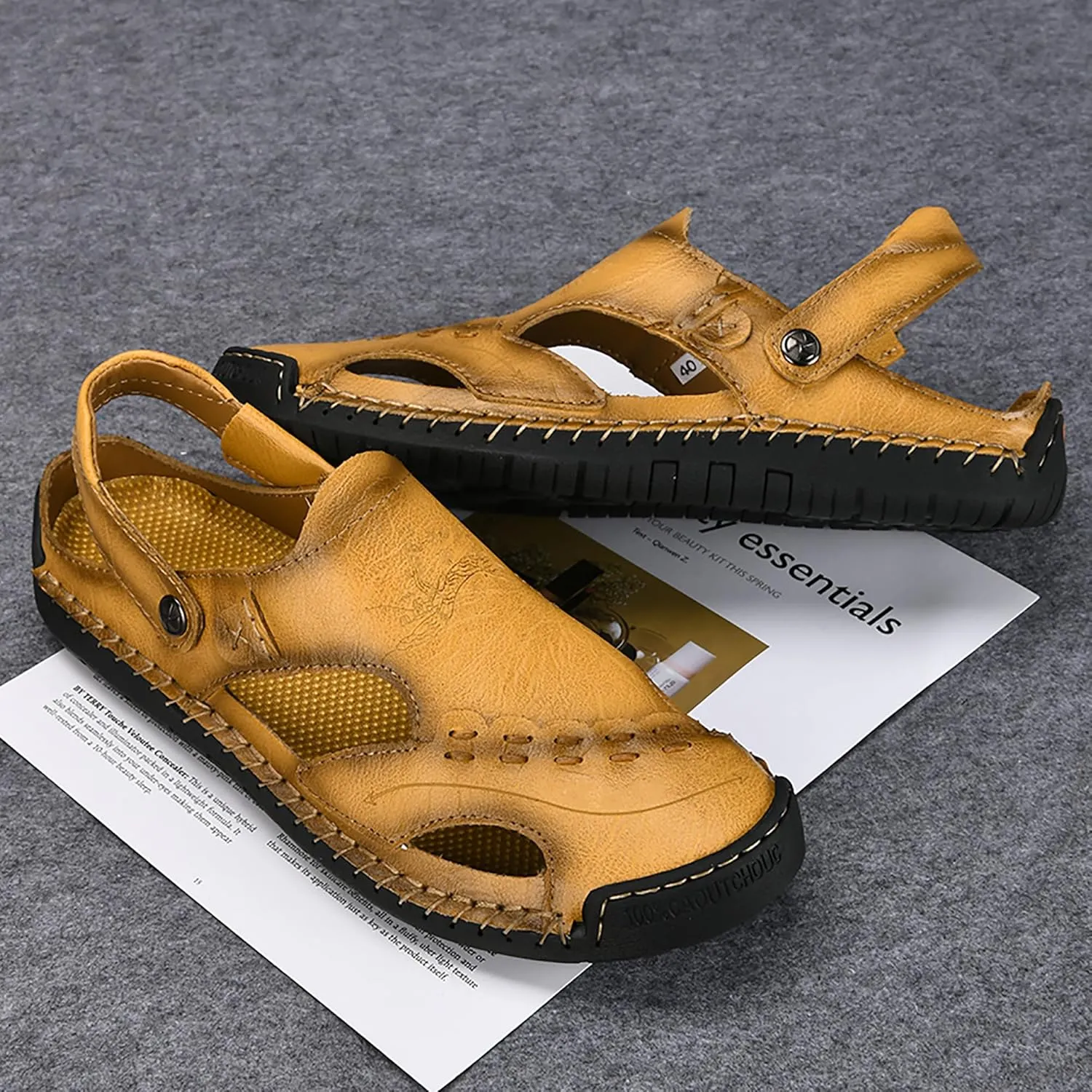 Mens Leather Sandals Hollow Closed Toe Summer Outdoor Casual Beach Shoes