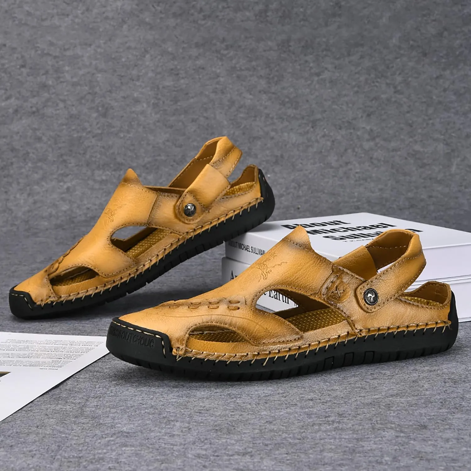 Mens Leather Sandals Hollow Closed Toe Summer Outdoor Casual Beach Shoes