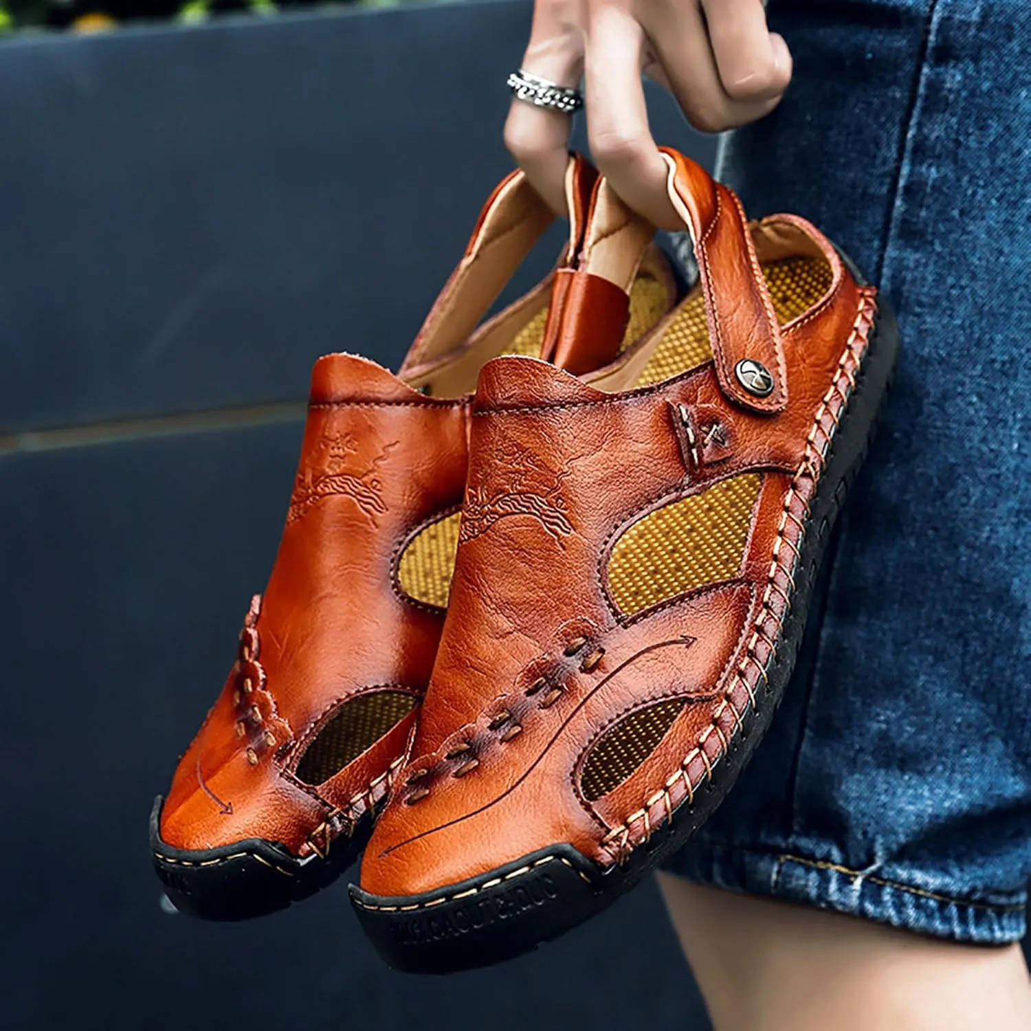 Mens Leather Sandals Hollow Closed Toe Summer Outdoor Casual Beach Shoes