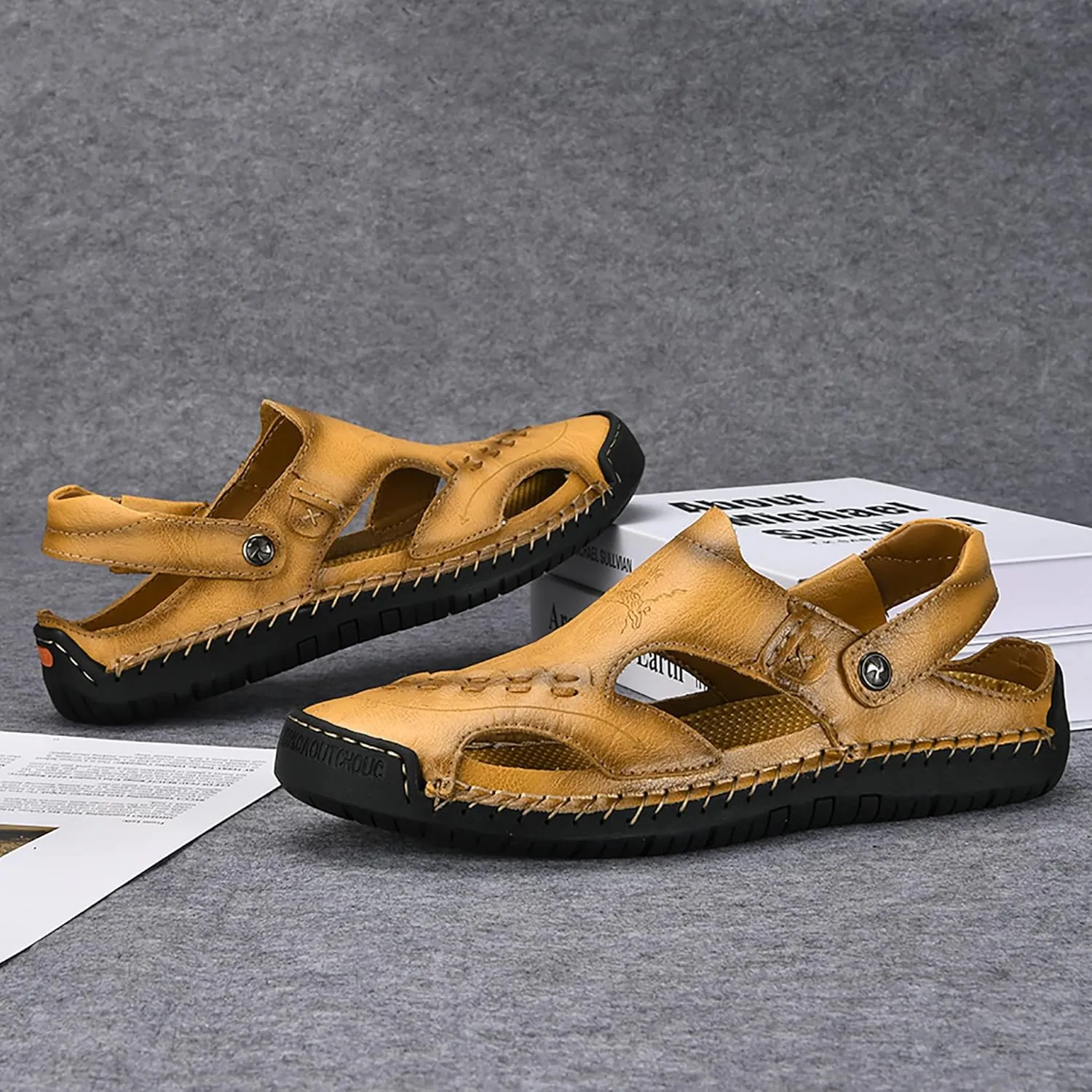 Mens Leather Sandals Hollow Closed Toe Summer Outdoor Casual Beach Shoes