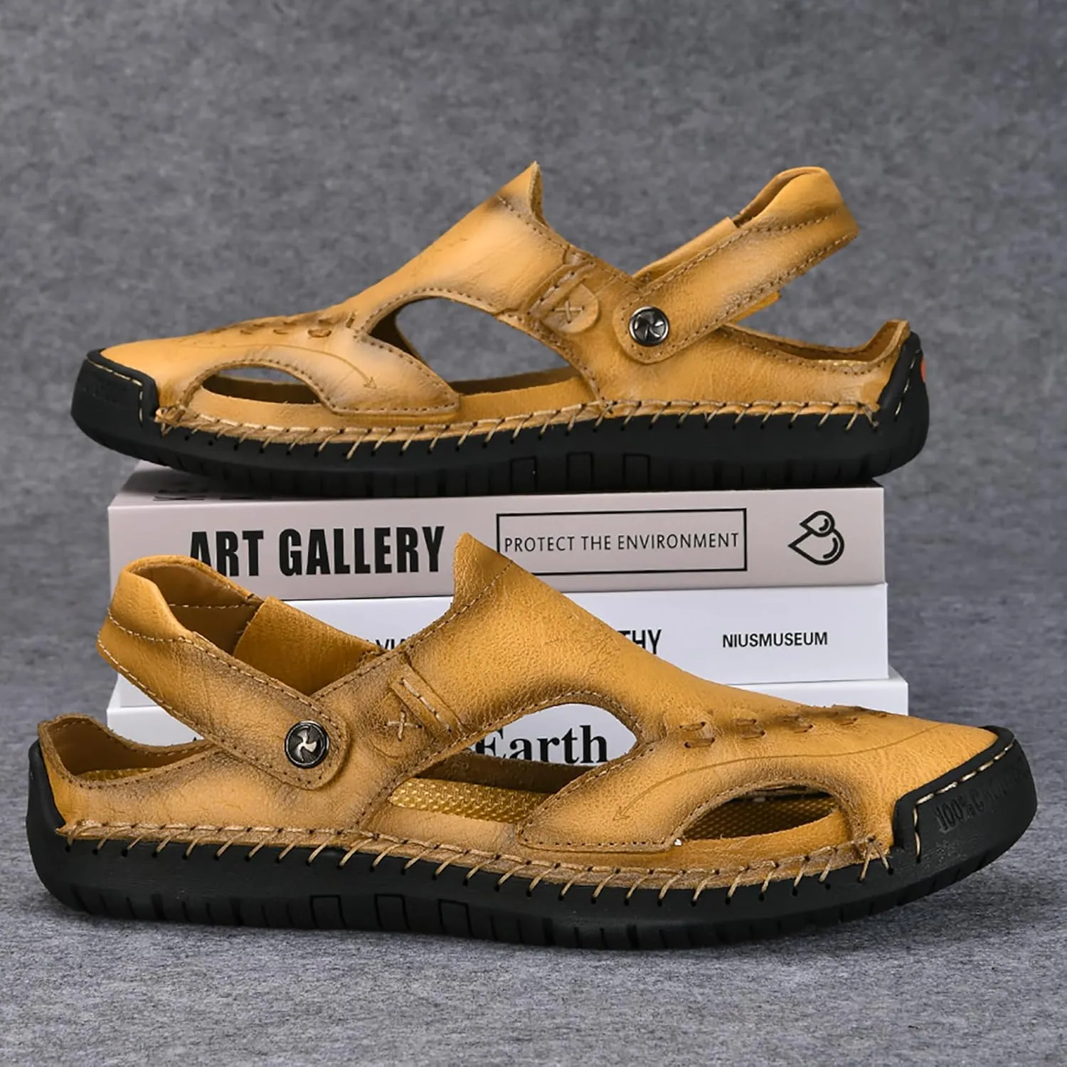 Mens Leather Sandals Hollow Closed Toe Summer Outdoor Casual Beach Shoes
