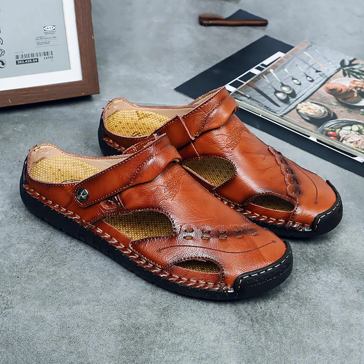 Mens Leather Sandals Hollow Closed Toe Summer Outdoor Casual Beach Shoes