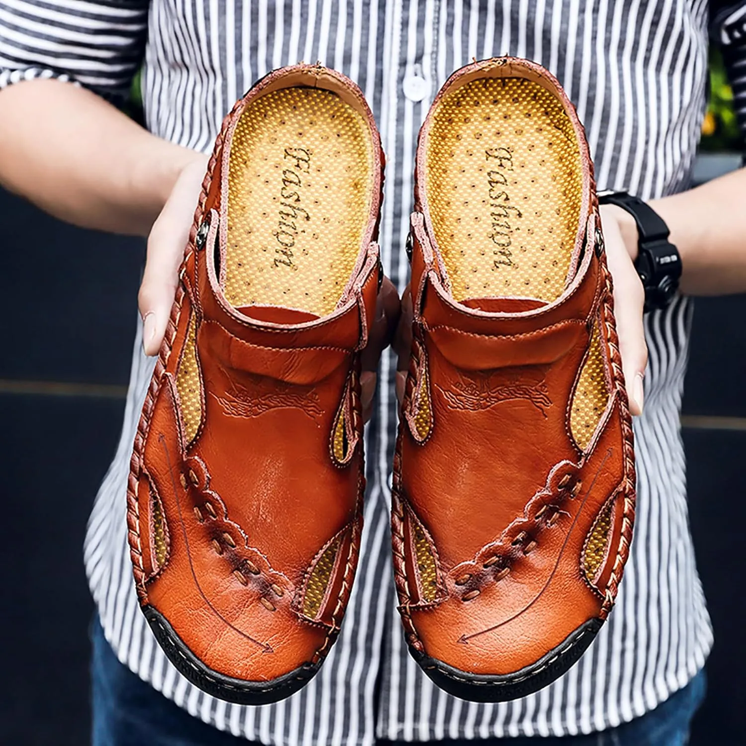 Mens Leather Sandals Hollow Closed Toe Summer Outdoor Casual Beach Shoes