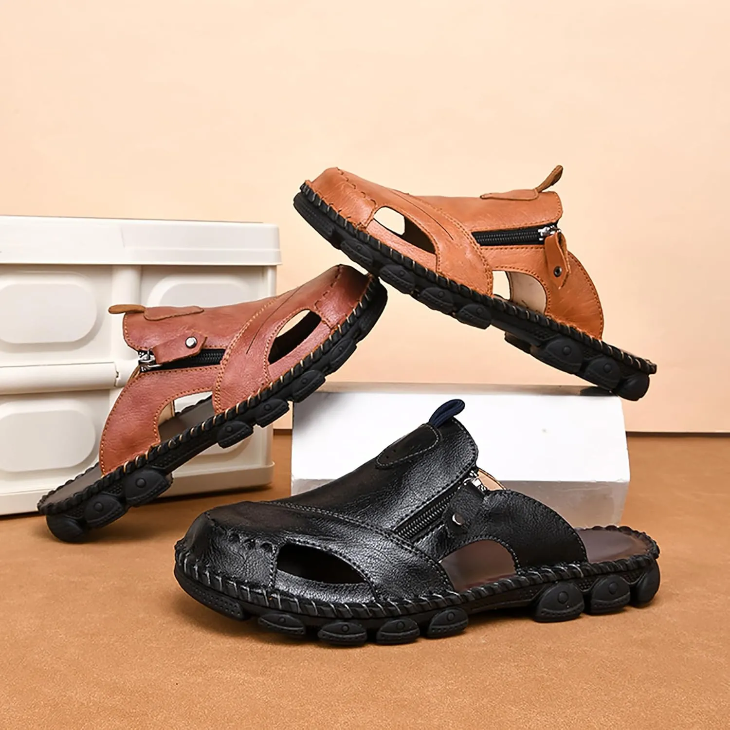 Mens Leather Sandals Hollow Closed Toe Summer Outdoor Casual Beach Shoes