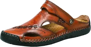 Mens Leather Sandals Hollow Closed Toe Summer Outdoor Casual Beach Shoes