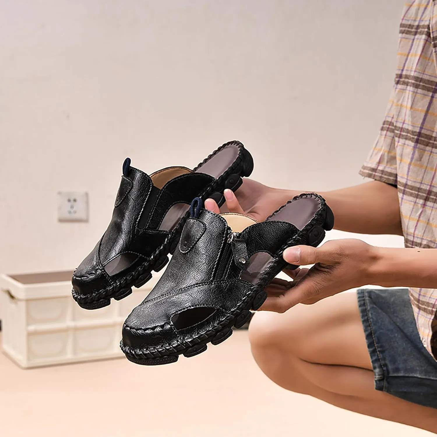 Mens Leather Sandals Hollow Closed Toe Summer Outdoor Casual Beach Shoes