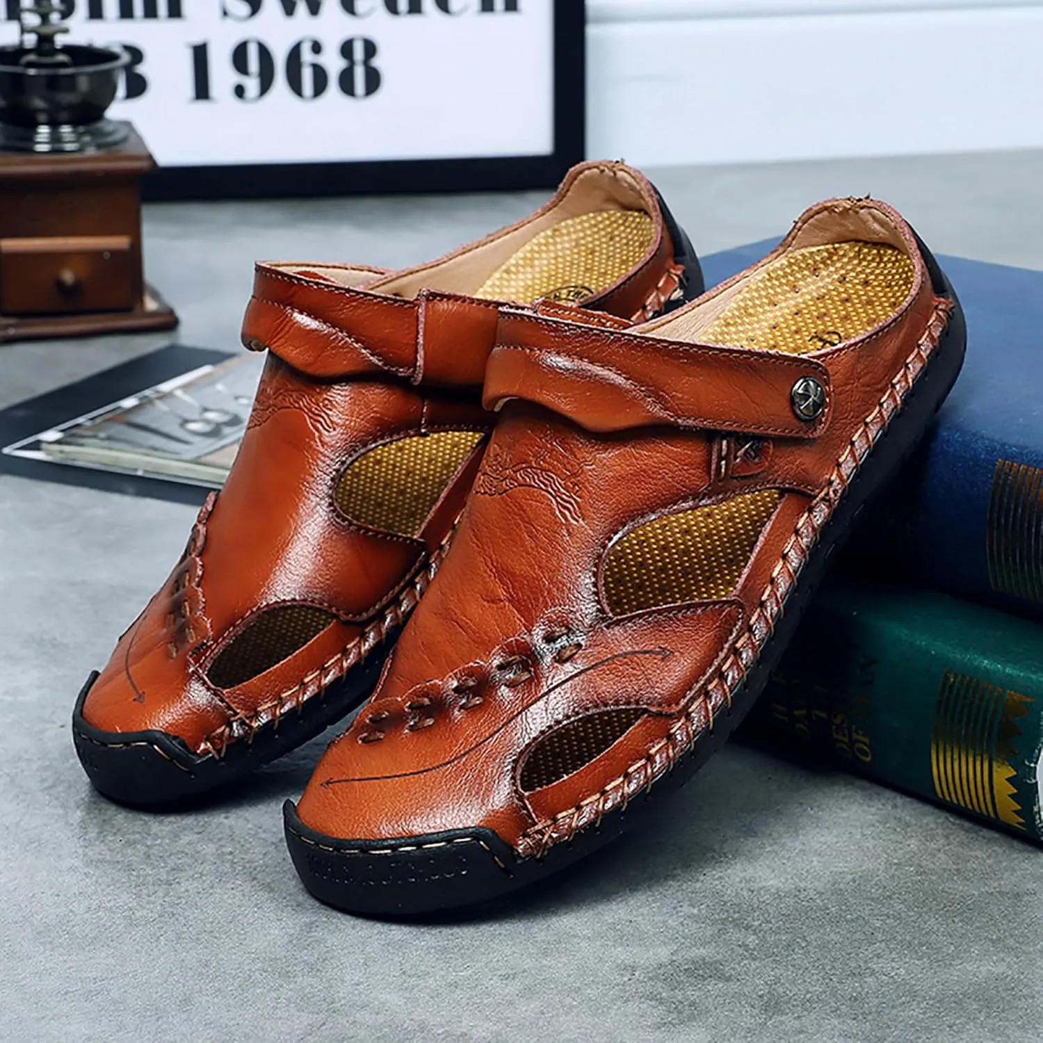 Mens Leather Sandals Hollow Closed Toe Summer Outdoor Casual Beach Shoes