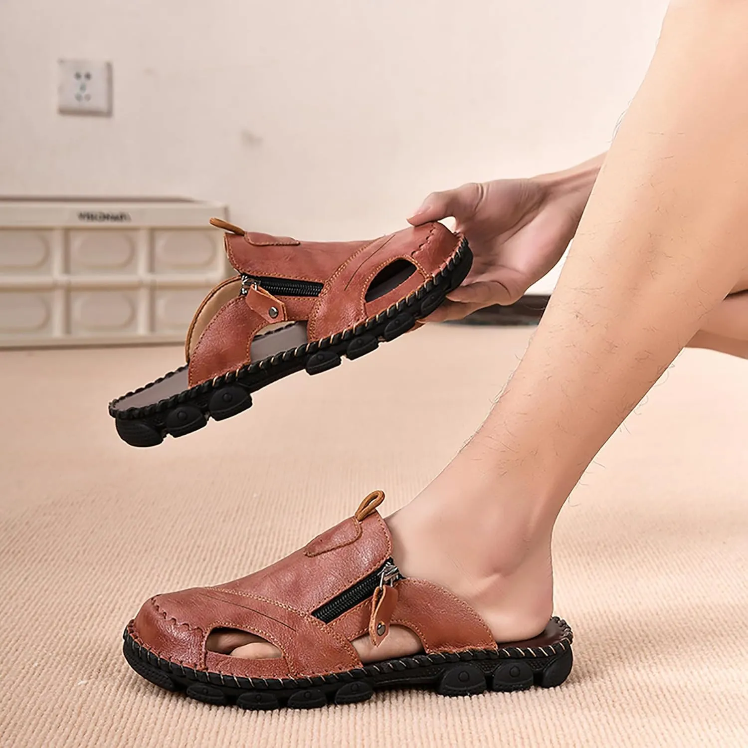 Mens Leather Sandals Hollow Closed Toe Summer Outdoor Casual Beach Shoes