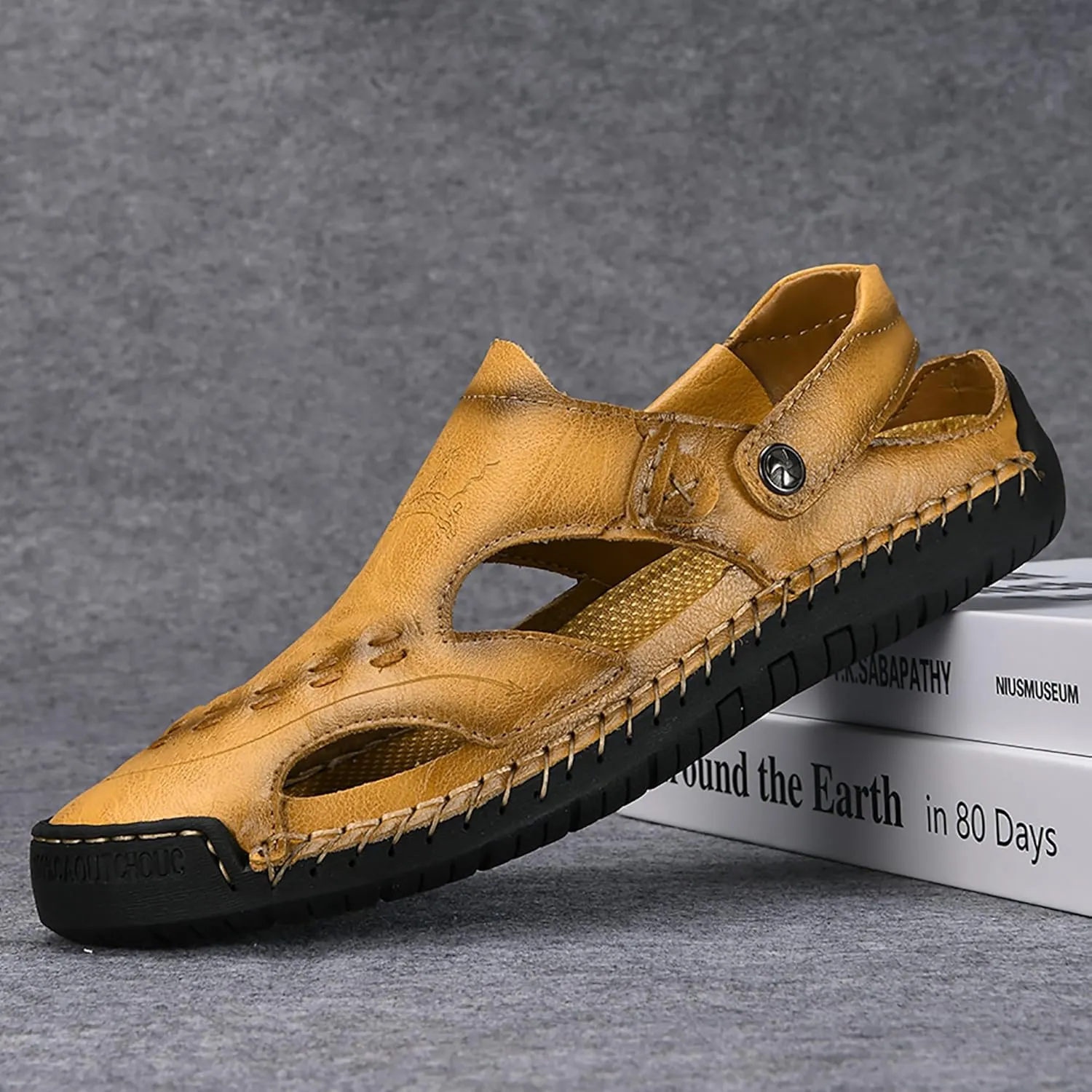 Mens Leather Sandals Hollow Closed Toe Summer Outdoor Casual Beach Shoes