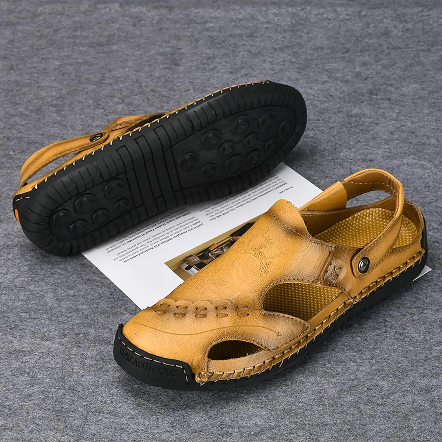 Mens Leather Sandals Hollow Closed Toe Summer Outdoor Casual Beach Shoes