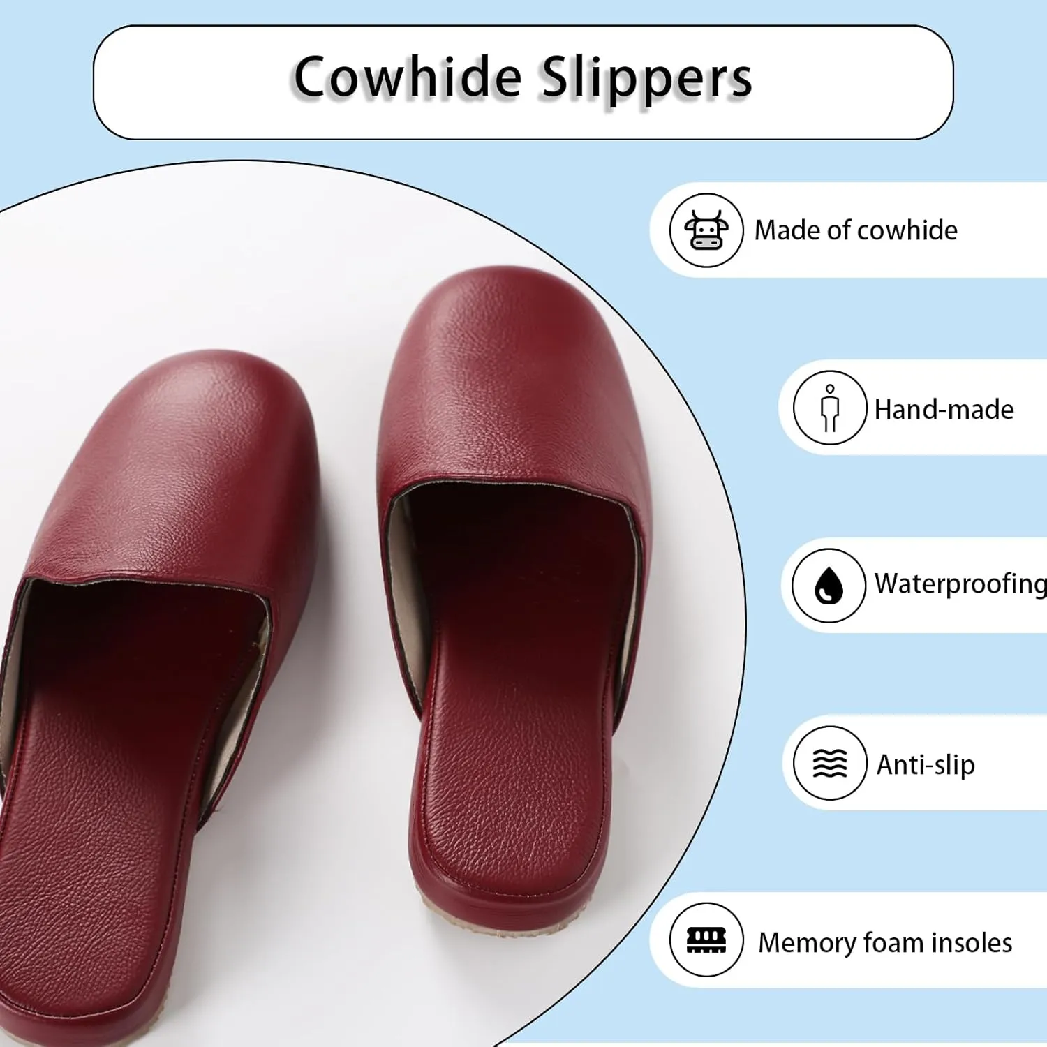 Men's Leather Slippers Genuine Leather Slippers for Men Scuff Slippers with Memory Foam Minimalist Mules House Slip-on Shoes for Office Home Bedroom Living Room Guests Visitor