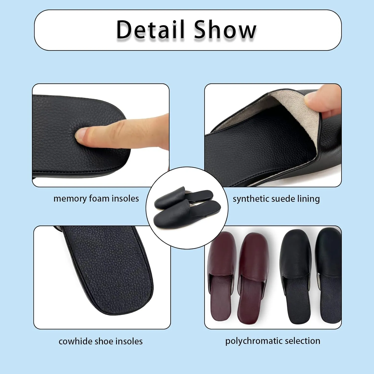 Men's Leather Slippers Genuine Leather Slippers for Men Scuff Slippers with Memory Foam Minimalist Mules House Slip-on Shoes for Office Home Bedroom Living Room Guests Visitor