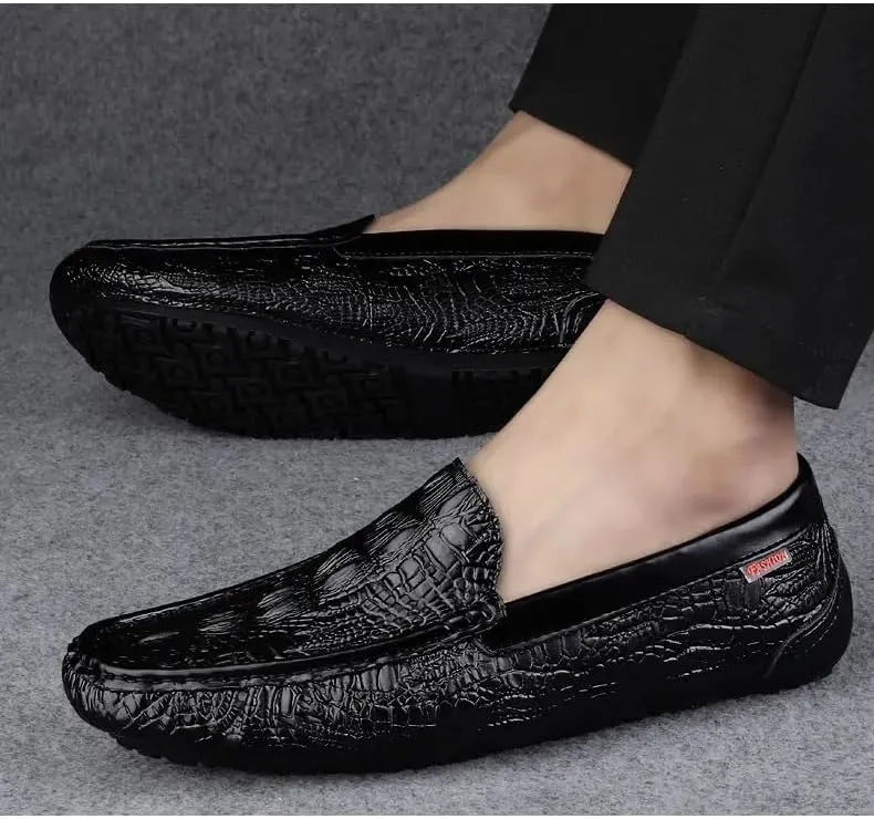 Mens Loafers Slip On Crocodile Embossed Leather Round Toe Anti Slip Sole Comfortable Lightweight Resistant Outdoor Walking Shoes