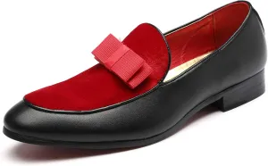 Mens Loafers Velvet Driving Shoes for Men Leather Moccasin Wedding Dress Smoking Slipper Bow Black Red