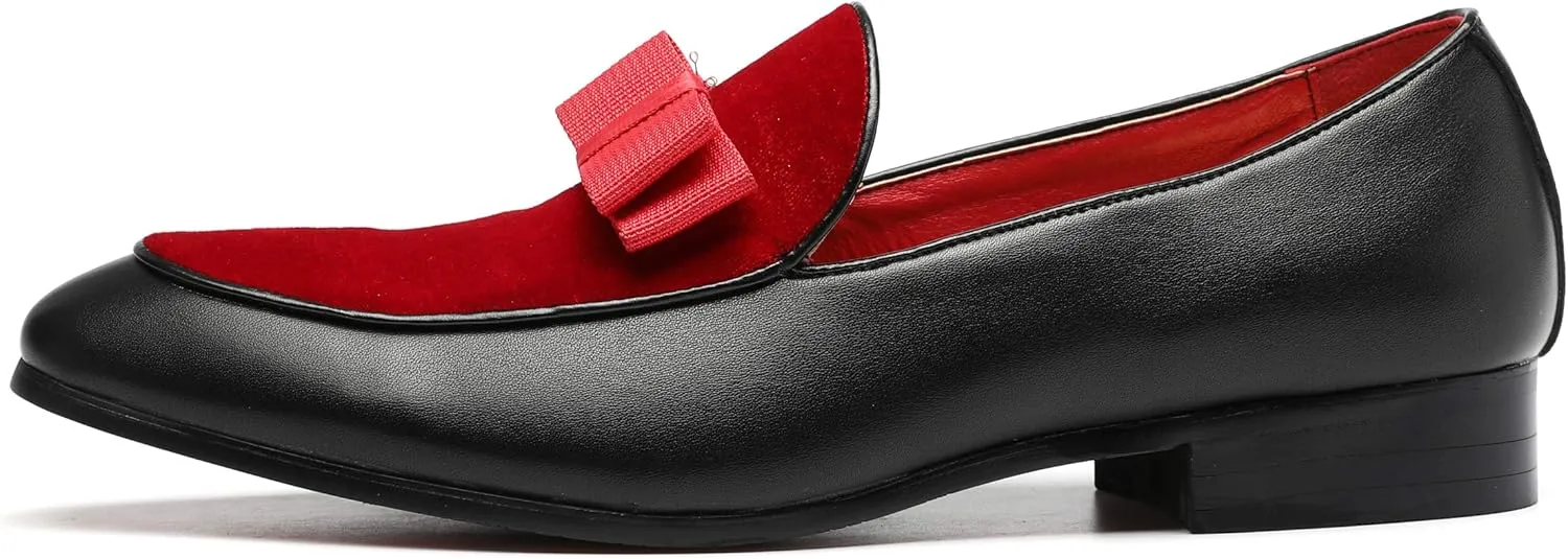 Mens Loafers Velvet Driving Shoes for Men Leather Moccasin Wedding Dress Smoking Slipper Bow Black Red