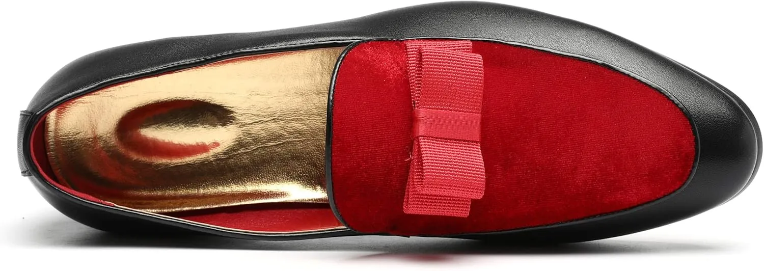Mens Loafers Velvet Driving Shoes for Men Leather Moccasin Wedding Dress Smoking Slipper Bow Black Red