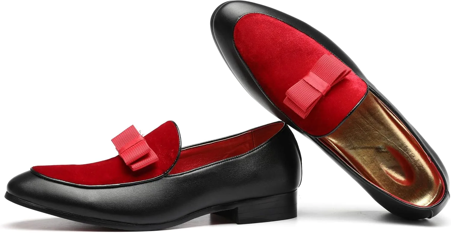 Mens Loafers Velvet Driving Shoes for Men Leather Moccasin Wedding Dress Smoking Slipper Bow Black Red