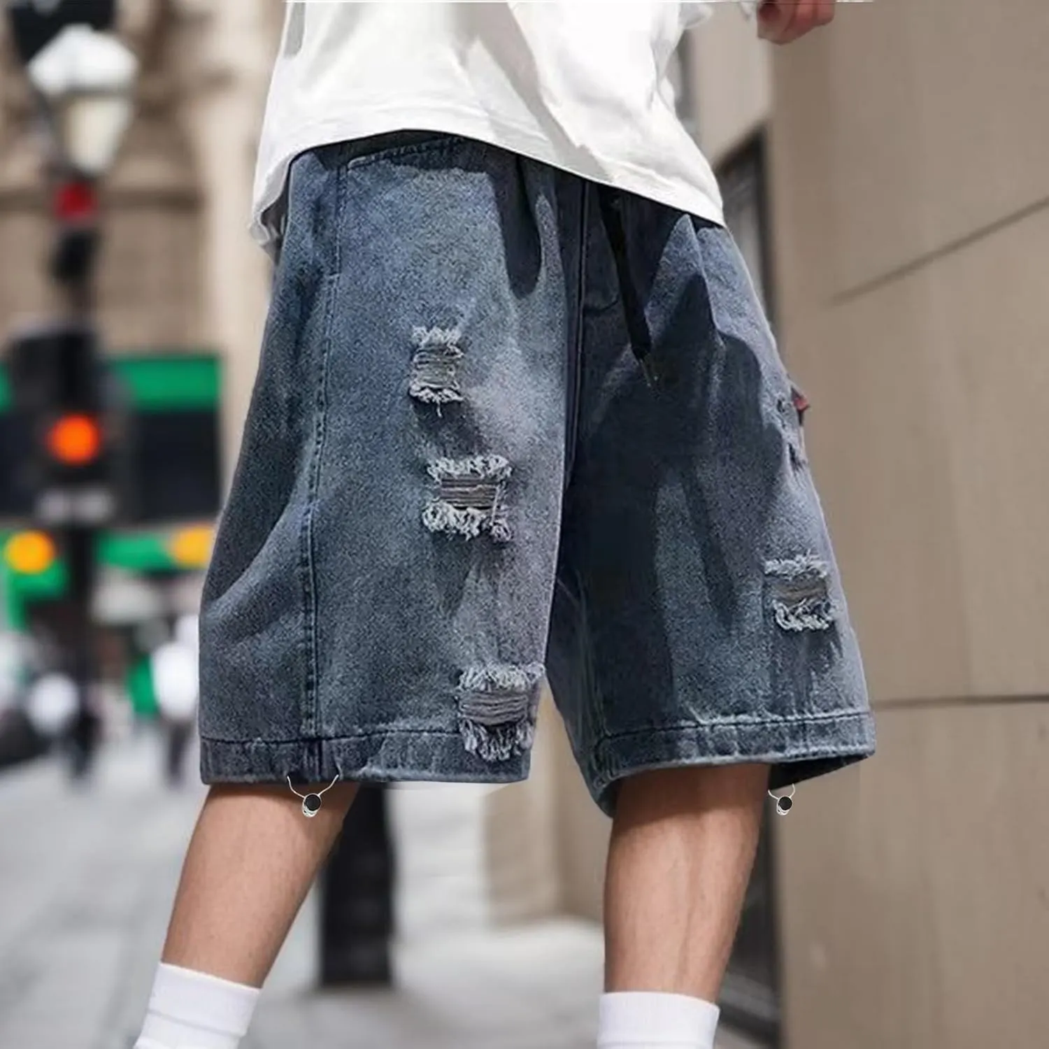 Mens Loose Denim Shorts Baggy Summer Casual Wide Leg Mid Jean Jorts Hip Hop Shorts with Pockets Streetwear