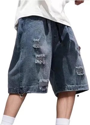Mens Loose Denim Shorts Baggy Summer Casual Wide Leg Mid Jean Jorts Hip Hop Shorts with Pockets Streetwear