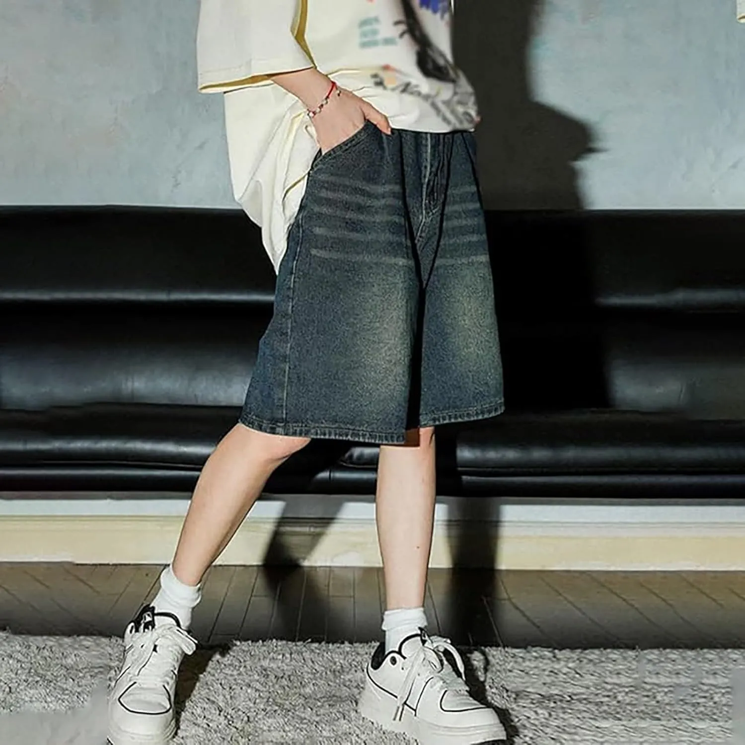 Mens Loose Fit Denim Shorts Baggy Summer Casual Wide Leg Mid Jean Jorts Hip Hop Shorts Streetwear Clothes