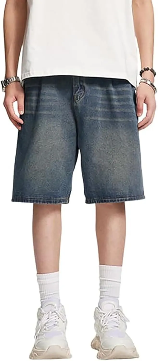 Mens Loose Fit Denim Shorts Baggy Summer Casual Wide Leg Mid Jean Jorts Hip Hop Shorts Streetwear Clothes