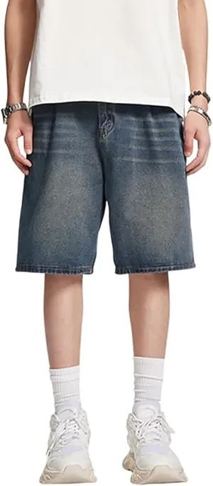 Mens Loose Fit Denim Shorts Baggy Summer Casual Wide Leg Mid Jean Jorts Hip Hop Shorts Streetwear Clothes