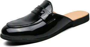 Men's Patent Leather Low Heel Mules Casual Slip-On Round Toe Backless Flat Penny Loafers Comfortable Non-Slip Half Mule Sandals Business Dress Smoking Slippers
