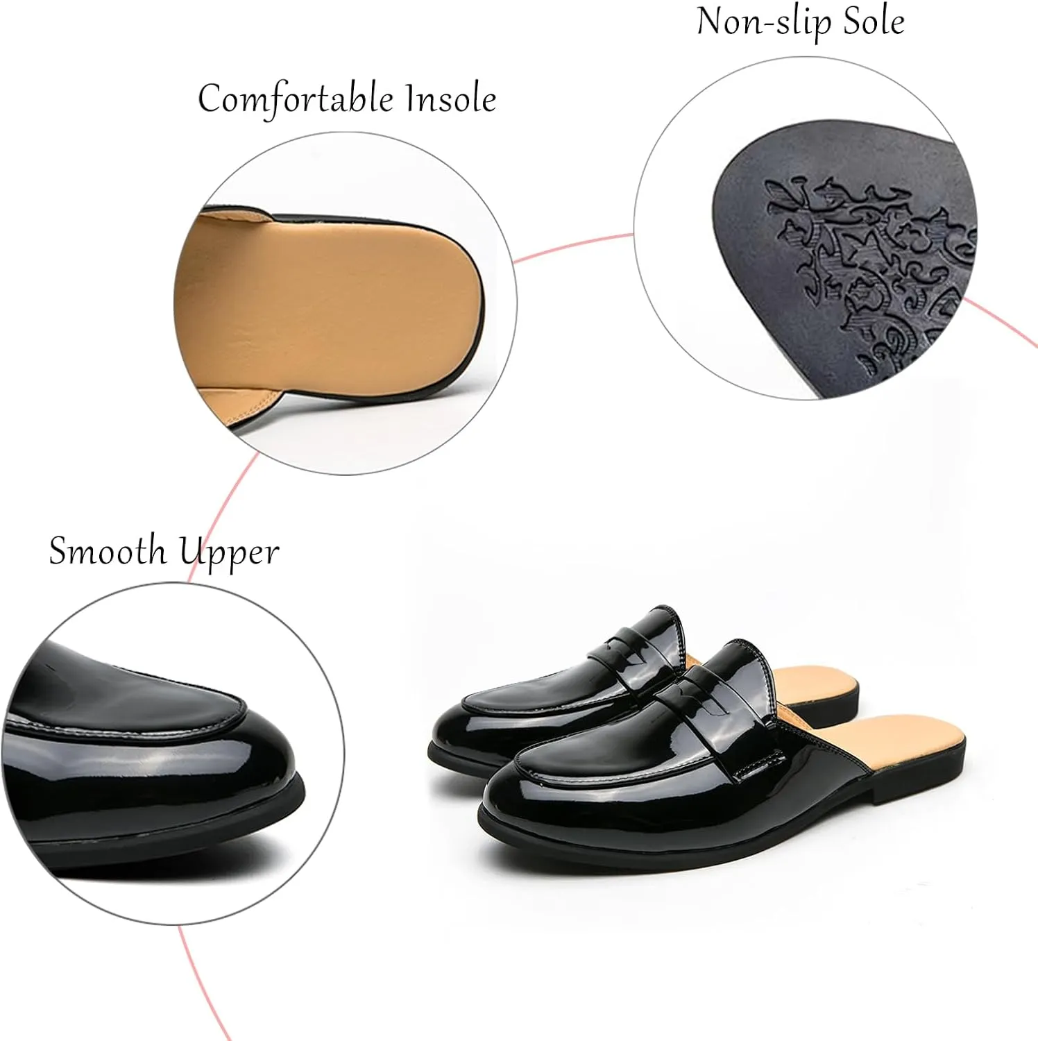 Men's Patent Leather Low Heel Mules Casual Slip-On Round Toe Backless Flat Penny Loafers Comfortable Non-Slip Half Mule Sandals Business Dress Smoking Slippers
