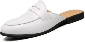 Men's Patent Leather Low Heel Mules Casual Slip-On Round Toe Backless Flat Penny Loafers Comfortable Non-Slip Half Mule Sandals Business Dress Smoking Slippers