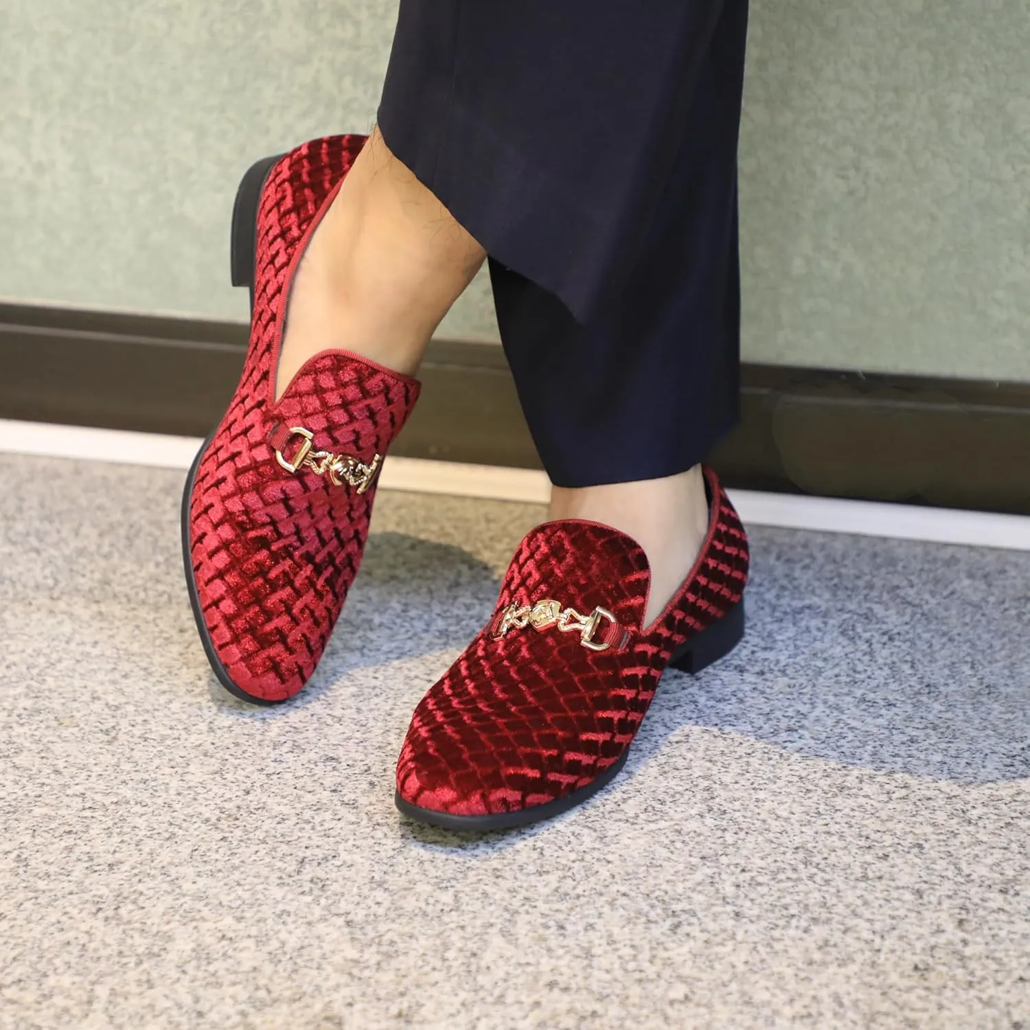 Men's Penny Slip-on Loafer Diamond-Patterned Velvet Dress Shoes Luxury Suede Smoking Slipper Party Prom Wedding Shoes