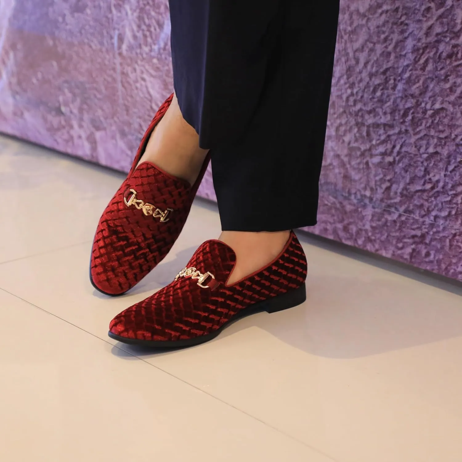 Men's Penny Slip-on Loafer Diamond-Patterned Velvet Dress Shoes Luxury Suede Smoking Slipper Party Prom Wedding Shoes