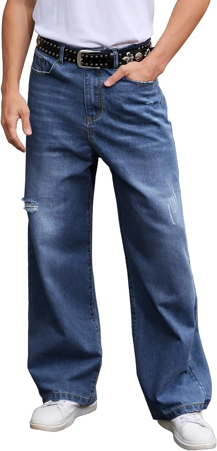 Men's Ripped Baggy Jeans Hip Hop Loose Fit Distressed Denim Pants Wide Leg Streetwear Trousers