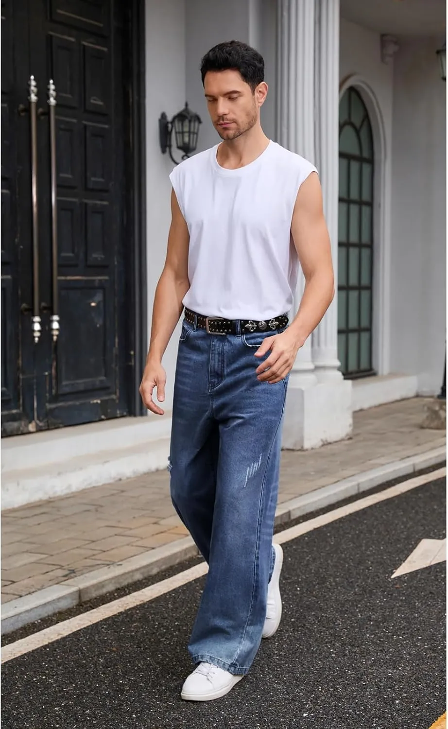 Men's Ripped Baggy Jeans Hip Hop Loose Fit Distressed Denim Pants Wide Leg Streetwear Trousers