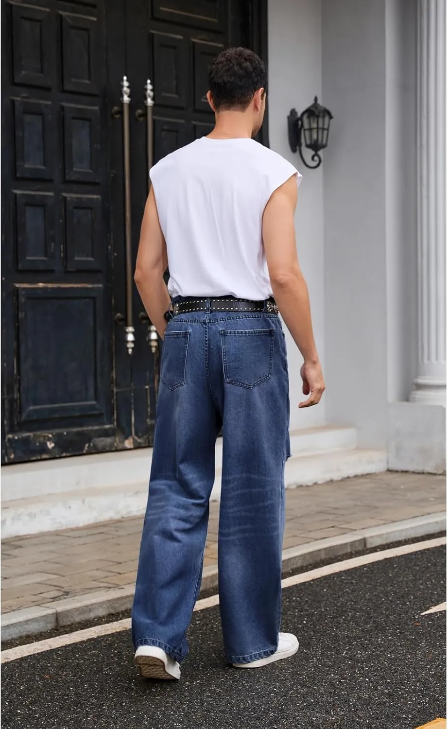 Men's Ripped Baggy Jeans Hip Hop Loose Fit Distressed Denim Pants Wide Leg Streetwear Trousers