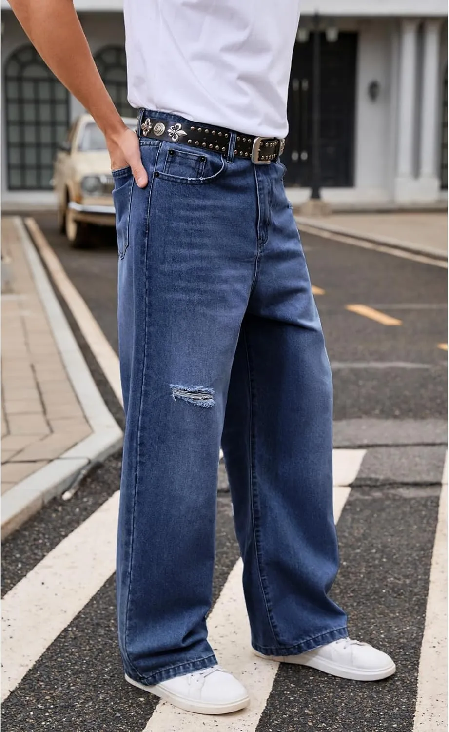 Men's Ripped Baggy Jeans Hip Hop Loose Fit Distressed Denim Pants Wide Leg Streetwear Trousers