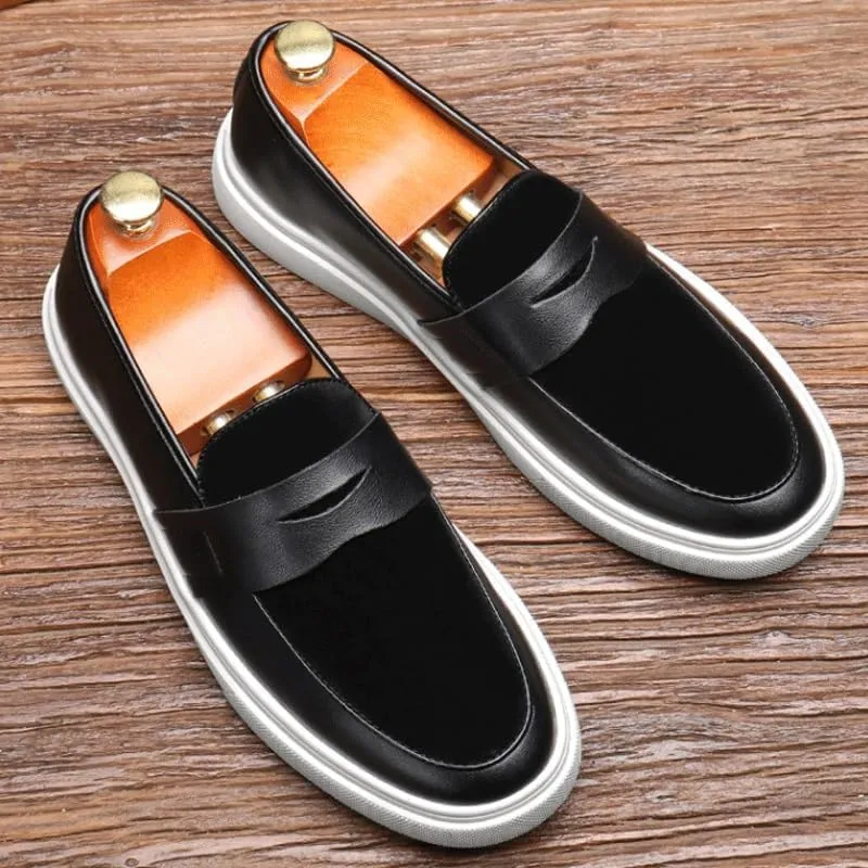 Men's Round Toe Suede Leather Penny Loafers with Chunky Platform and Low Block Heel, Ideal for Office, Business, and Daily Casual Wear