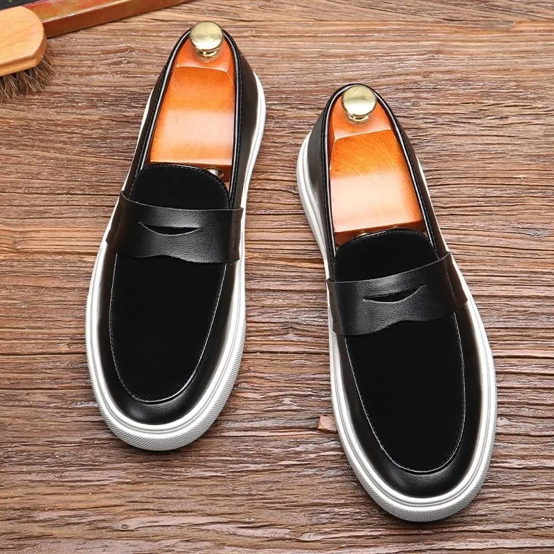 Men's Round Toe Suede Leather Penny Loafers with Chunky Platform and Low Block Heel, Ideal for Office, Business, and Daily Casual Wear