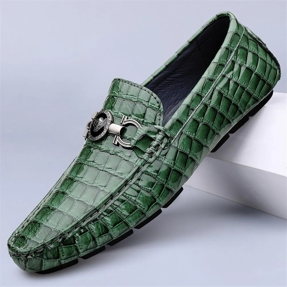 Men's Smoking Loafers - Faux Crocodile Embossed Leather, Round Toe, Lightweight & Flexible, Anti-Slip Casual Slip-Ons
