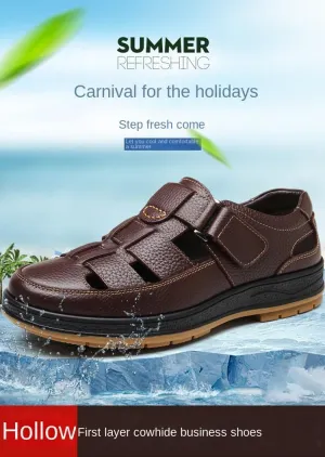 Men's Solid Color Vintage Top Grained Cowhide Leather Upper Sticky Toe Sandals,Comfortable Non-Slip Hook & Loop Fastener Beach Water Shoes