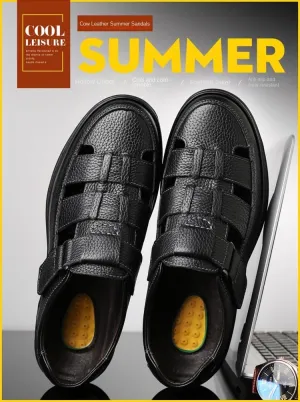 Men's Solid Color Vintage Top Grained Cowhide Leather Upper Sticky Toe Sandals,Comfortable Non-Slip Hook & Loop Fastener Beach Water Shoes