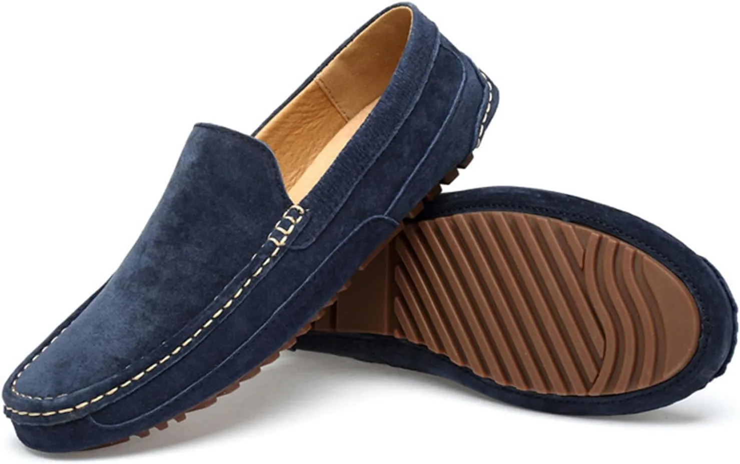 Men's Suede Driving Penny Loafers Retro Round Toe Solid Color Moccasin Shoes Comfortable Slip On Casual Dress Boat Shoes