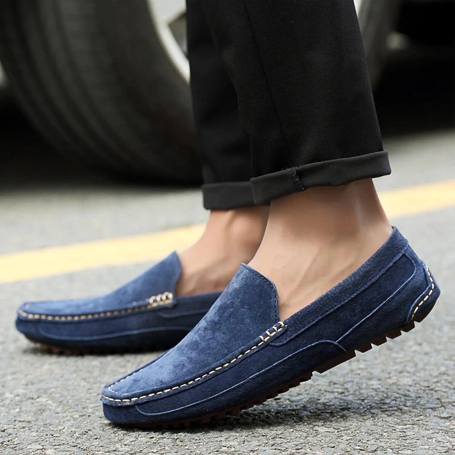 Men's Suede Driving Penny Loafers Retro Round Toe Solid Color Moccasin Shoes Comfortable Slip On Casual Dress Boat Shoes