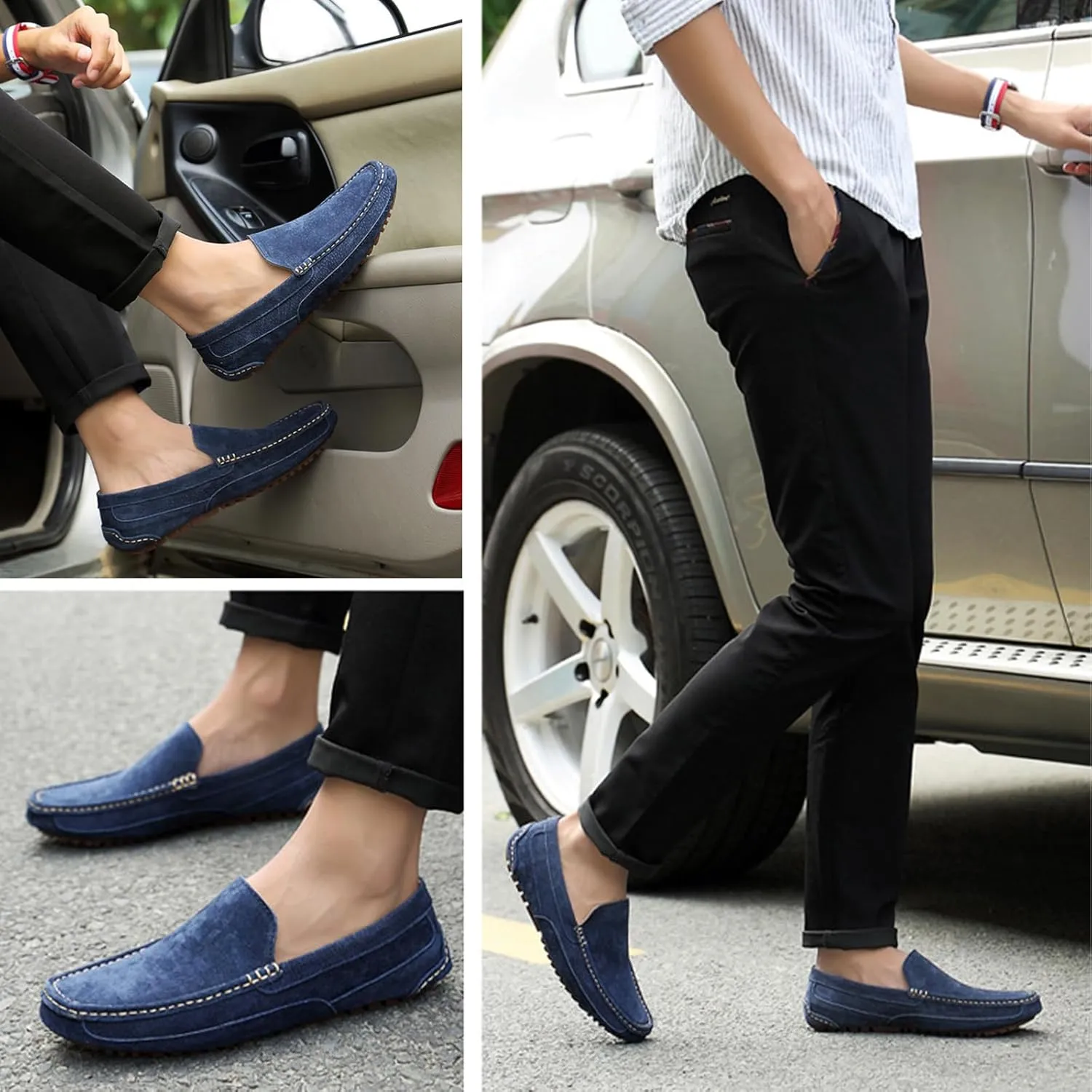 Men's Suede Driving Penny Loafers Retro Round Toe Solid Color Moccasin Shoes Comfortable Slip On Casual Dress Boat Shoes