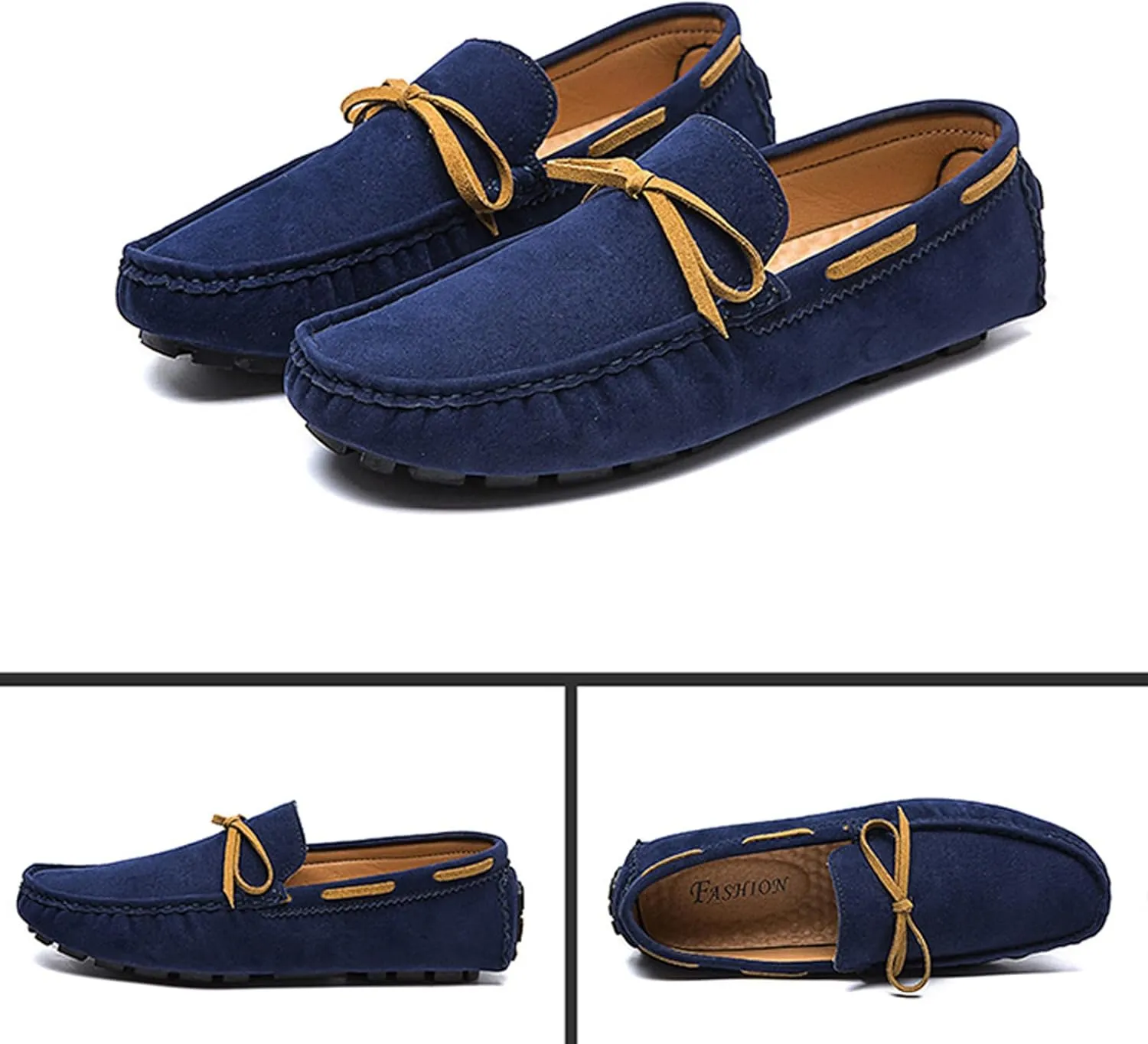 Men's Suede Handmade Moccasin Loafers Retro Round Toe Bow Slip On Comfortable Driving Shoes Fashionable Solid Color Non-Slip Walking Shoes