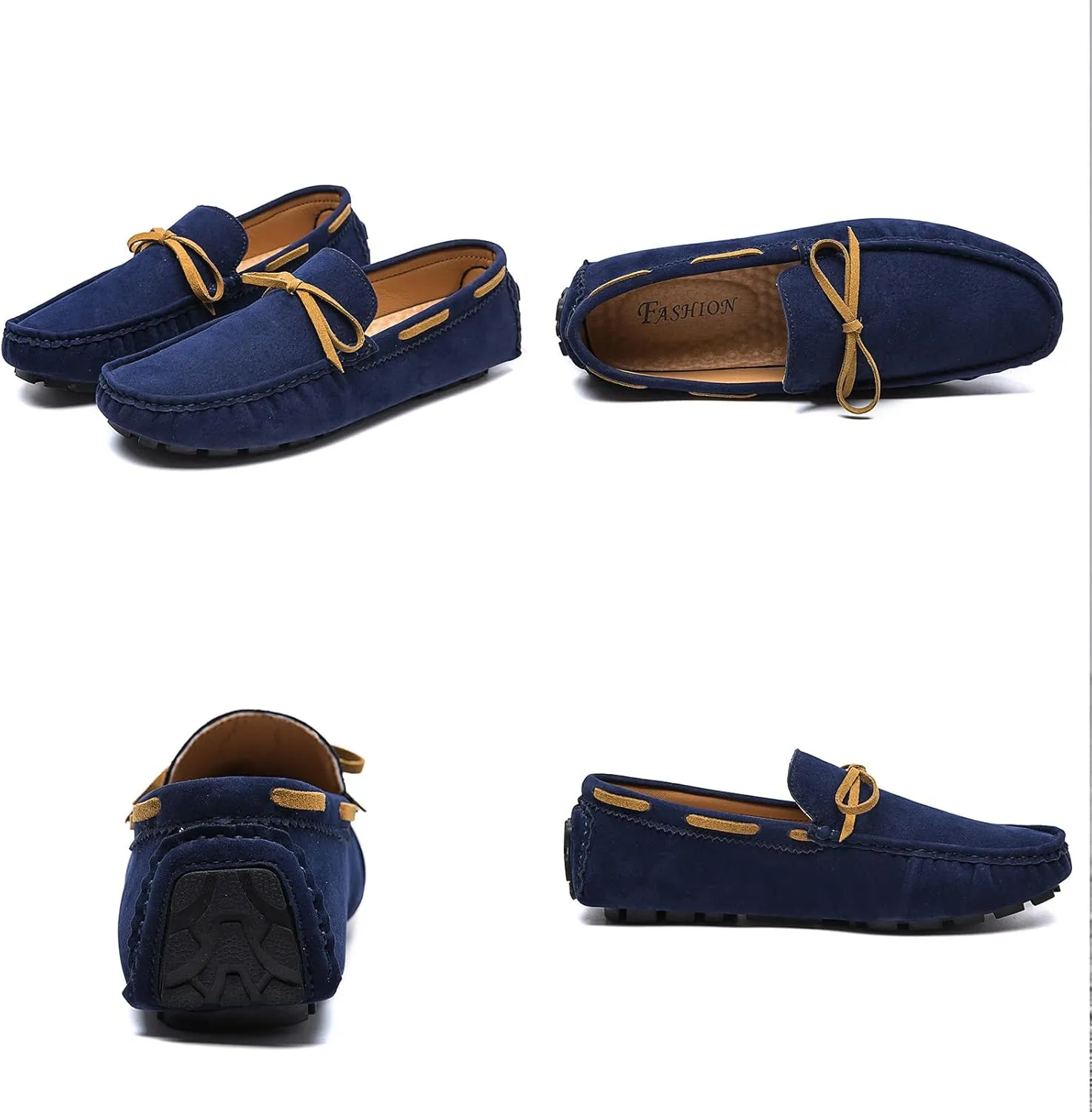 Men's Suede Handmade Moccasin Loafers Retro Round Toe Bow Slip On Comfortable Driving Shoes Fashionable Solid Color Non-Slip Walking Shoes