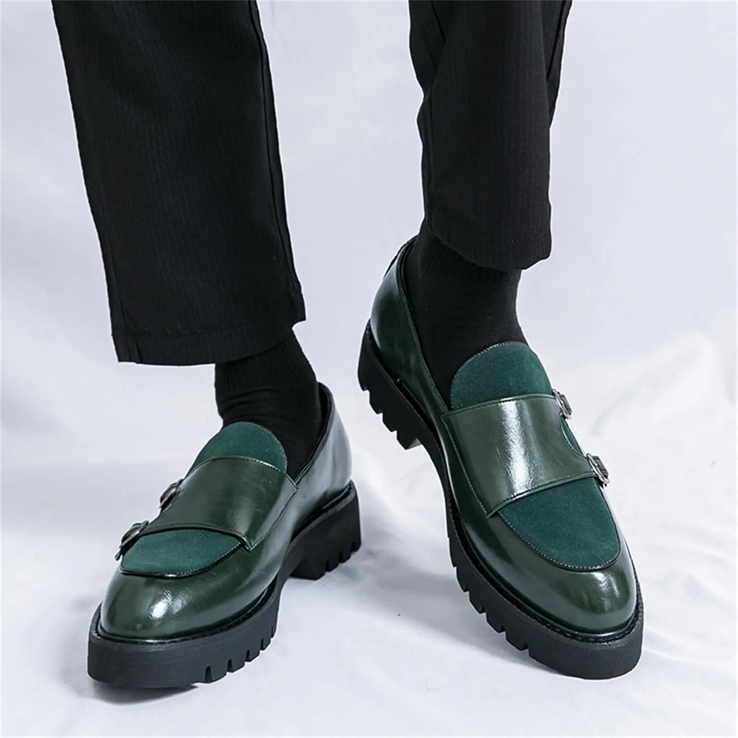 Men's Suede Platform Slip On Loafers with Double Monk Strap Retro Low Top Pointed Toe Dress Loafers for Formal Business Party Wedding