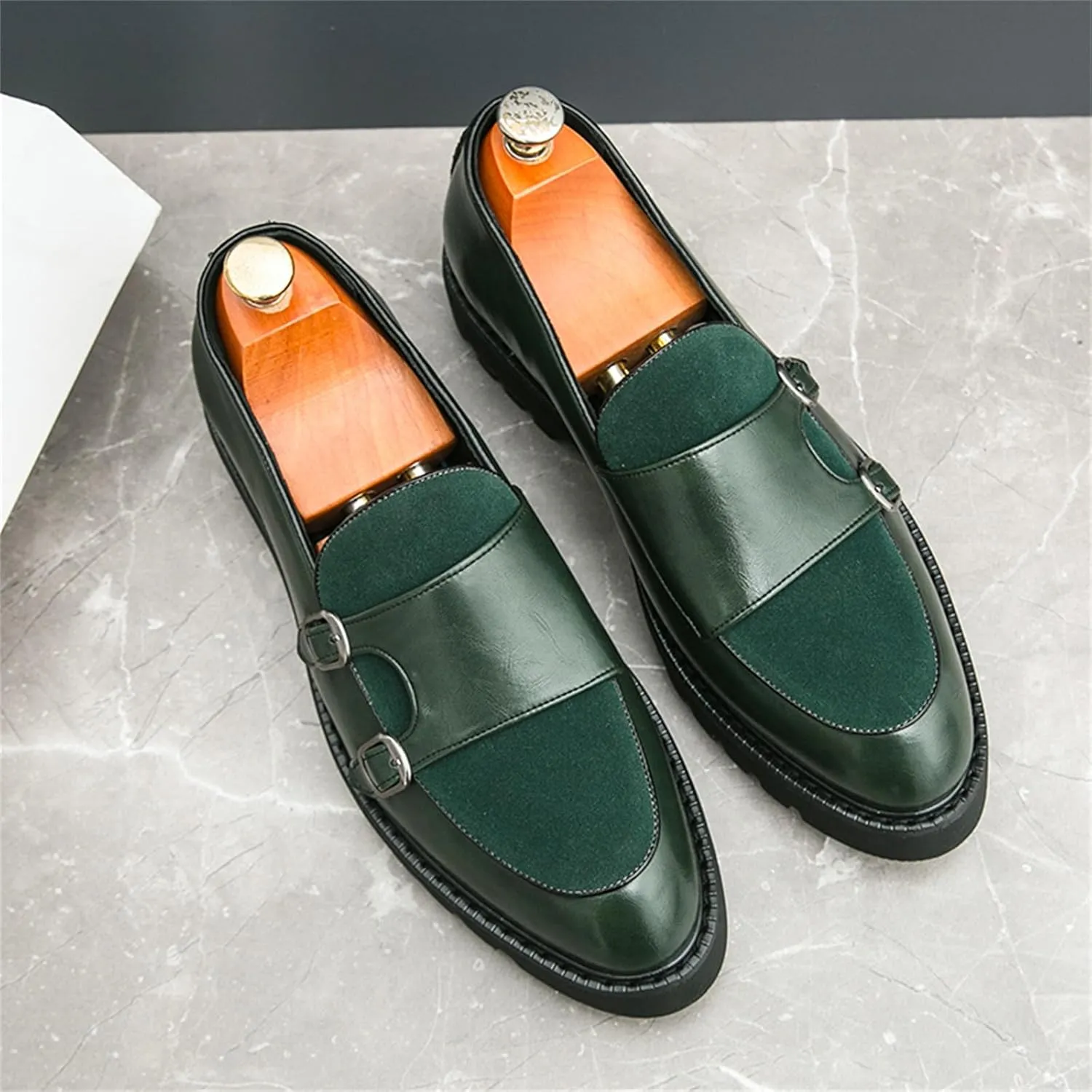 Men's Suede Platform Slip On Loafers with Double Monk Strap Retro Low Top Pointed Toe Dress Loafers for Formal Business Party Wedding